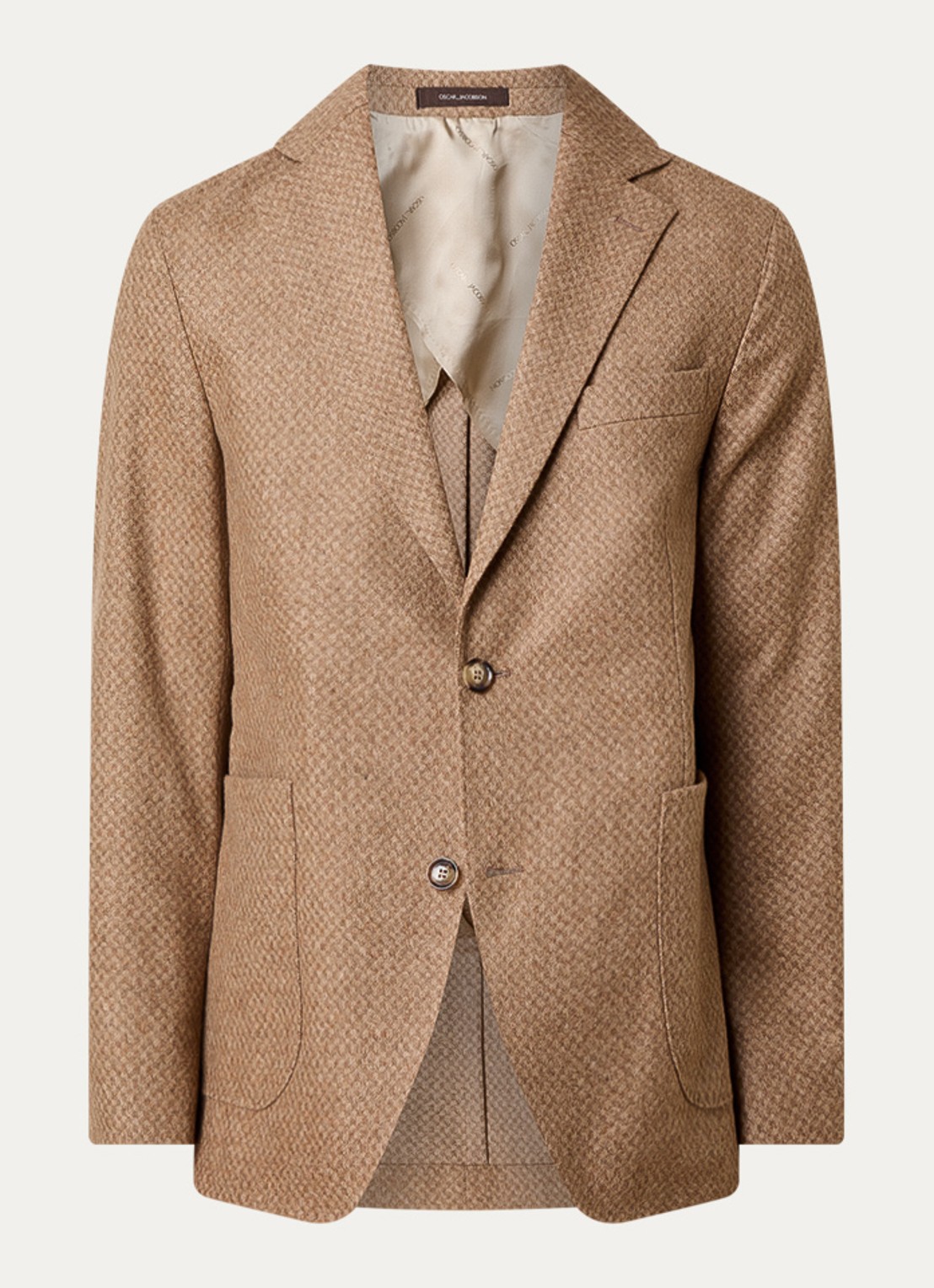 Oscar Jacobson Ferry regular fit colbert in wolblend met gemêleerd dessin - voorkant beige