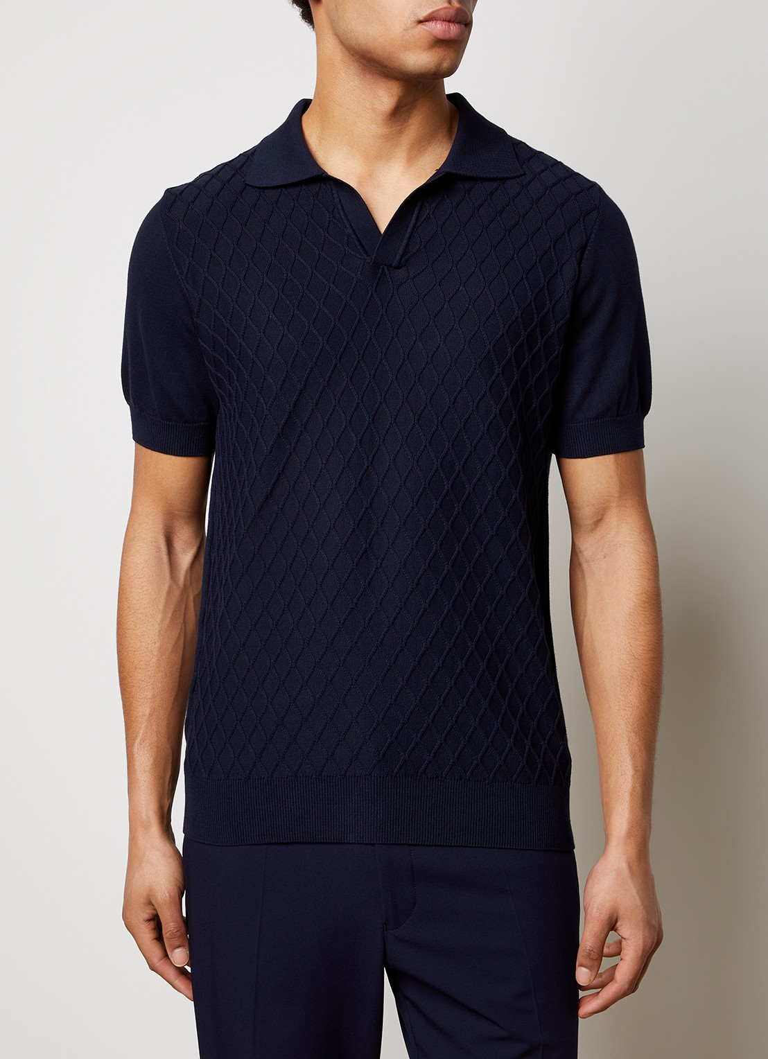 Oscar Jacobson Mirza fijngebreide regular fit polo met structuur - detail 2 donkerblauw