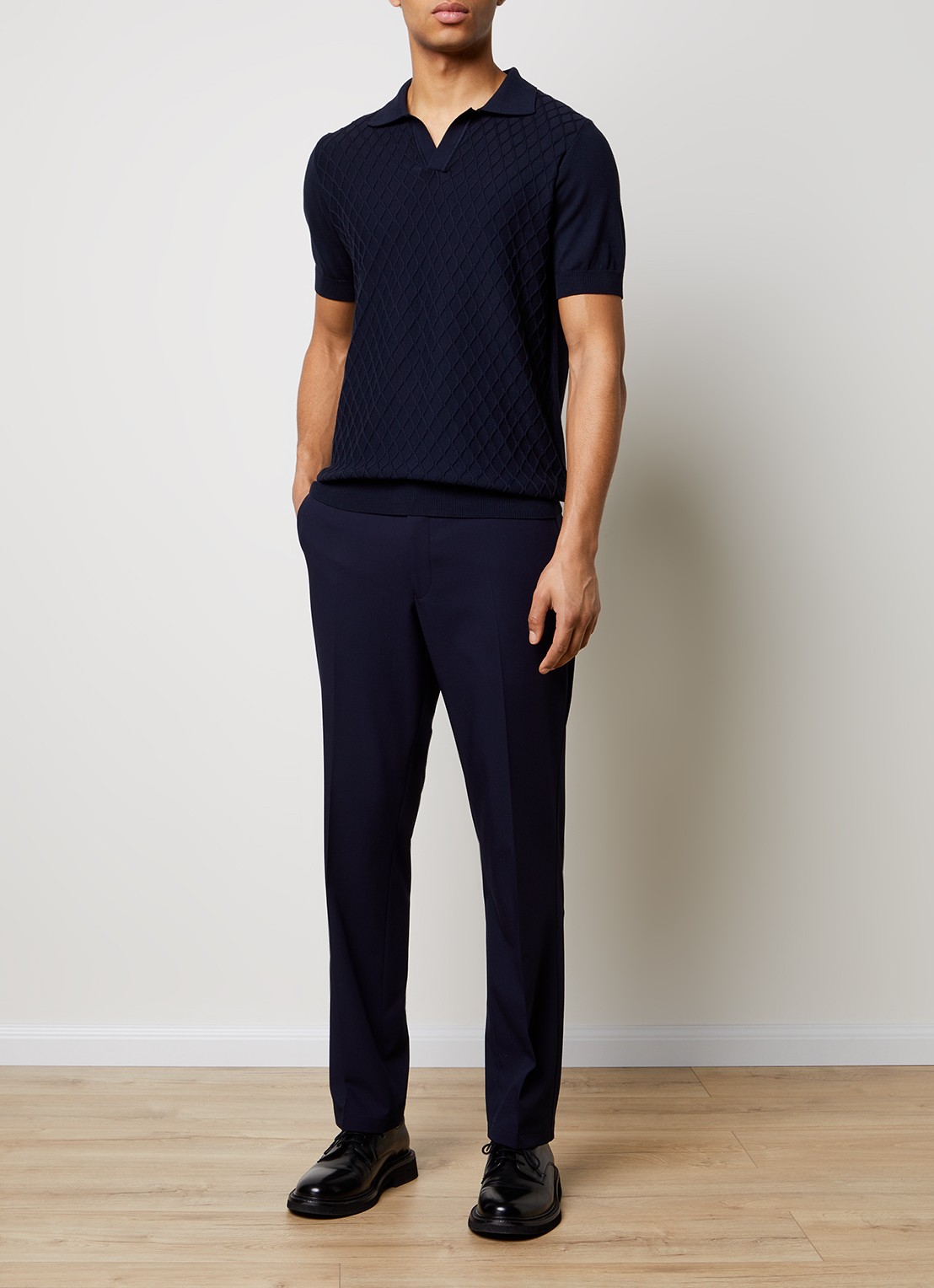 Oscar Jacobson Mirza fijngebreide regular fit polo met structuur - voorkant 5 donkerblauw