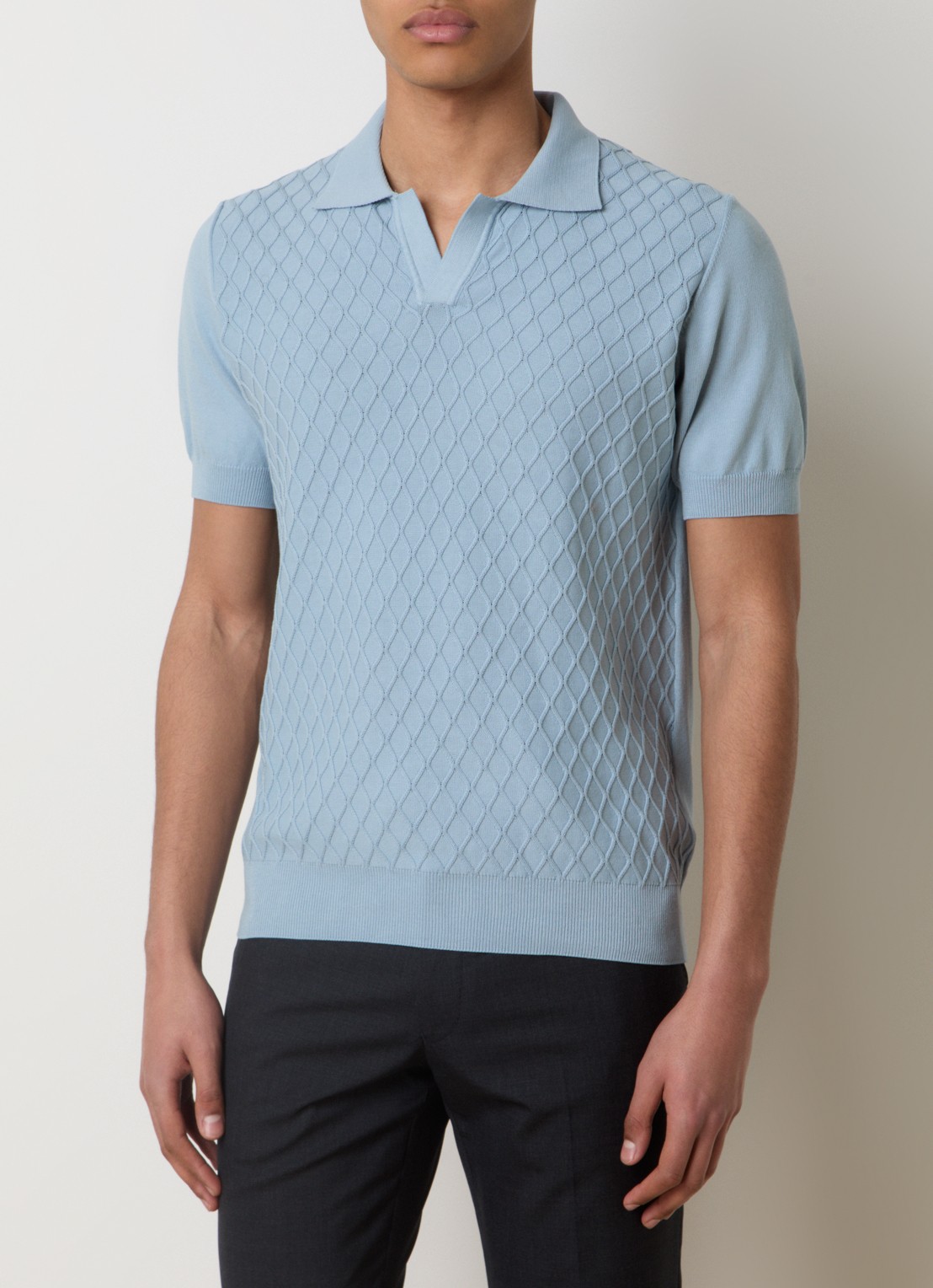 Oscar Jacobson Mirza fijngebreide regular fit polo met structuur - detail 2 lichtblauw