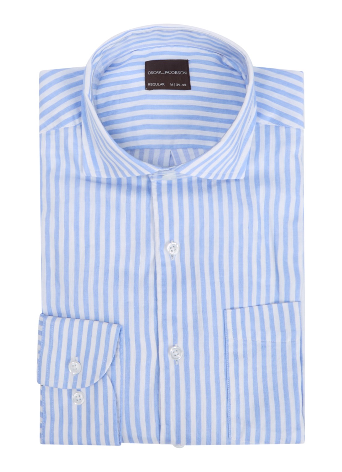 Oscar Jacobson Regular fit overhemd in linnenblend met streepprint - voorkant 4 lichtblauw