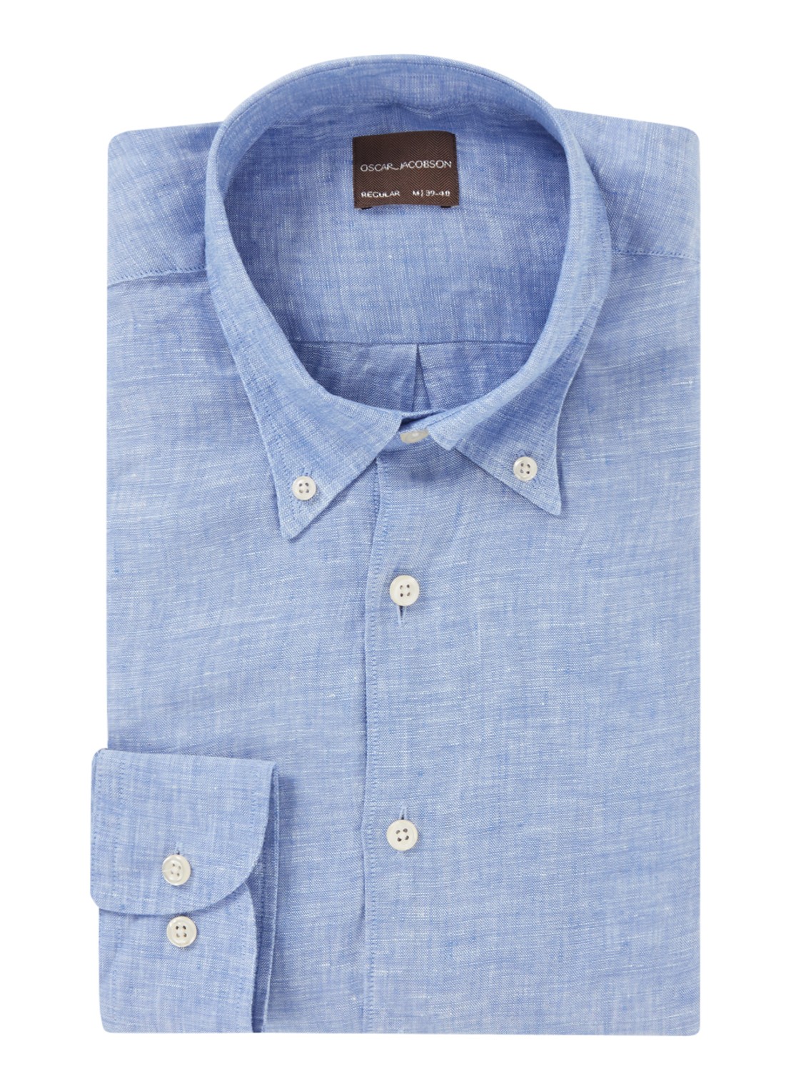 Oscar Jacobson Regular fit overhemd van linnen met button down-kraag - voorkant 2 blauw