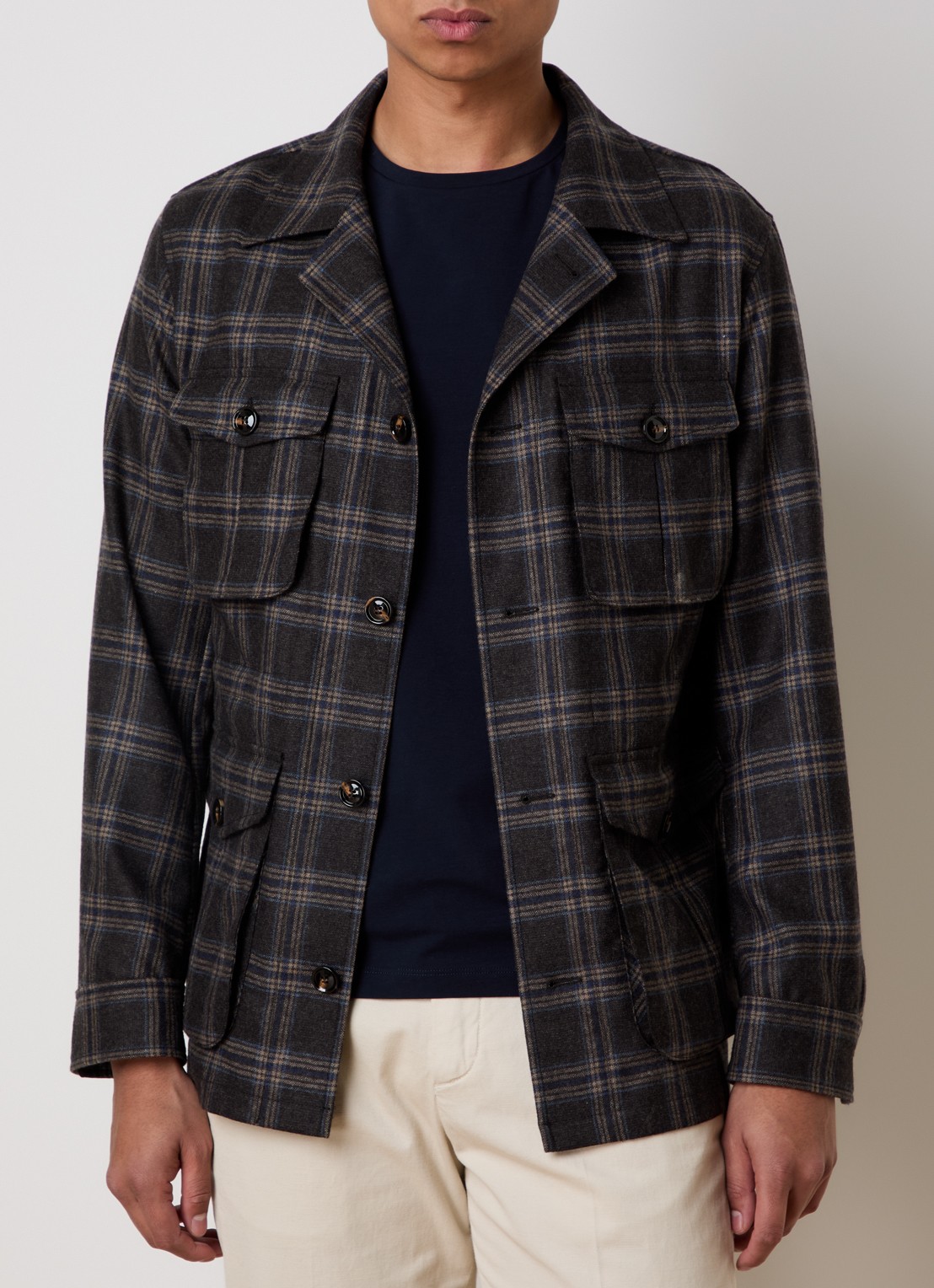 Oscar Jacobson Sirolo overshirt in wolblend met borstzakken - detail donkerbruin