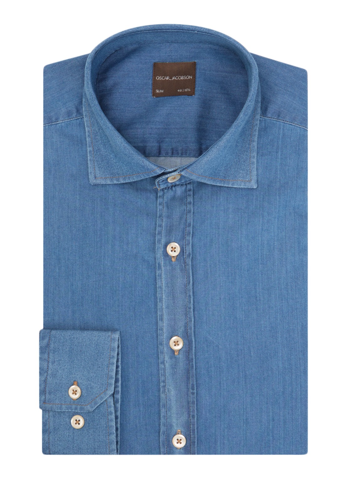 Oscar Jacobson Slim Fit  denim shirt met cutaway kraag  - voorkant blauw