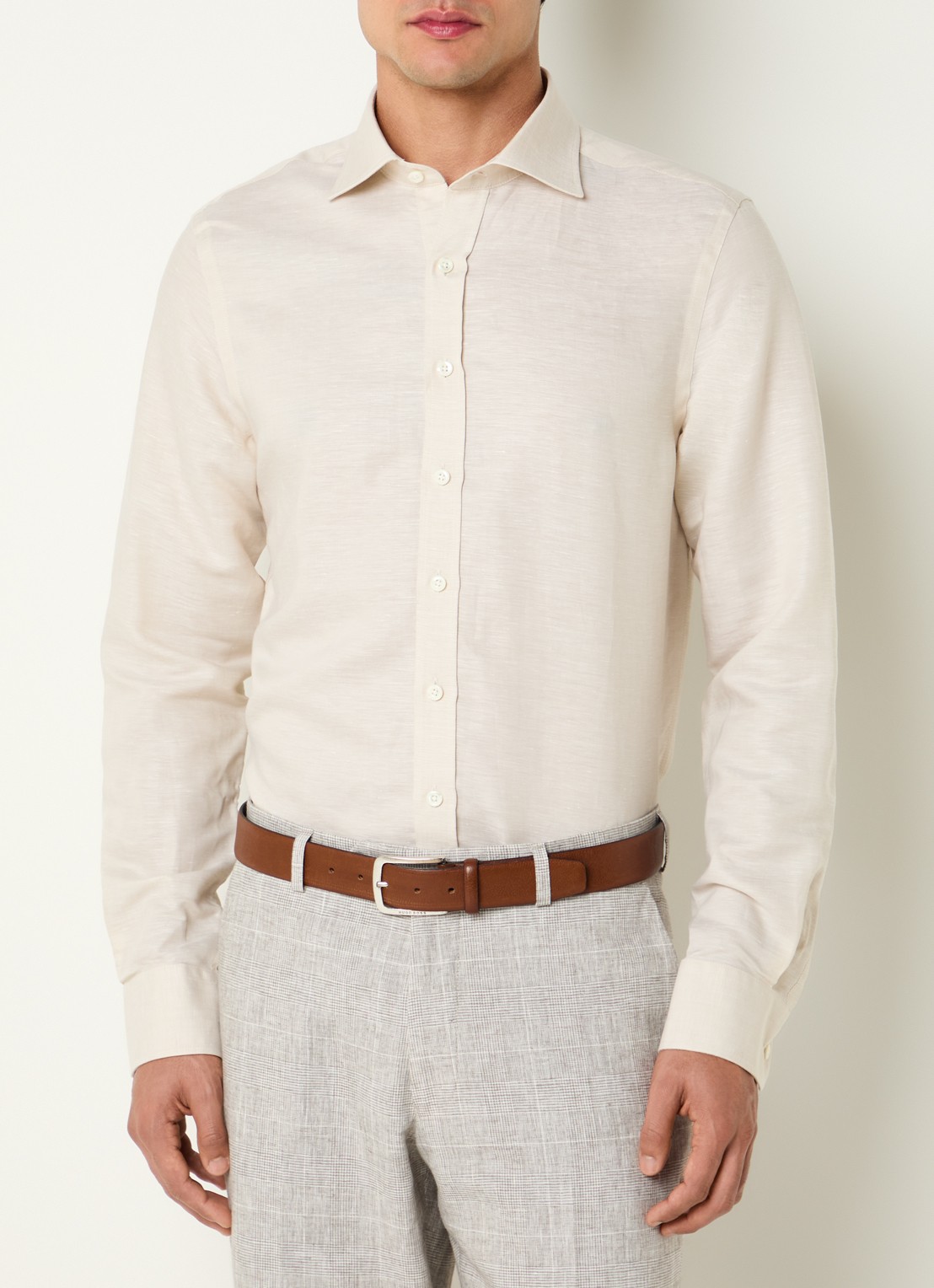Oscar Jacobson Slim fit overhemd in linnenblend - detail 2 beige