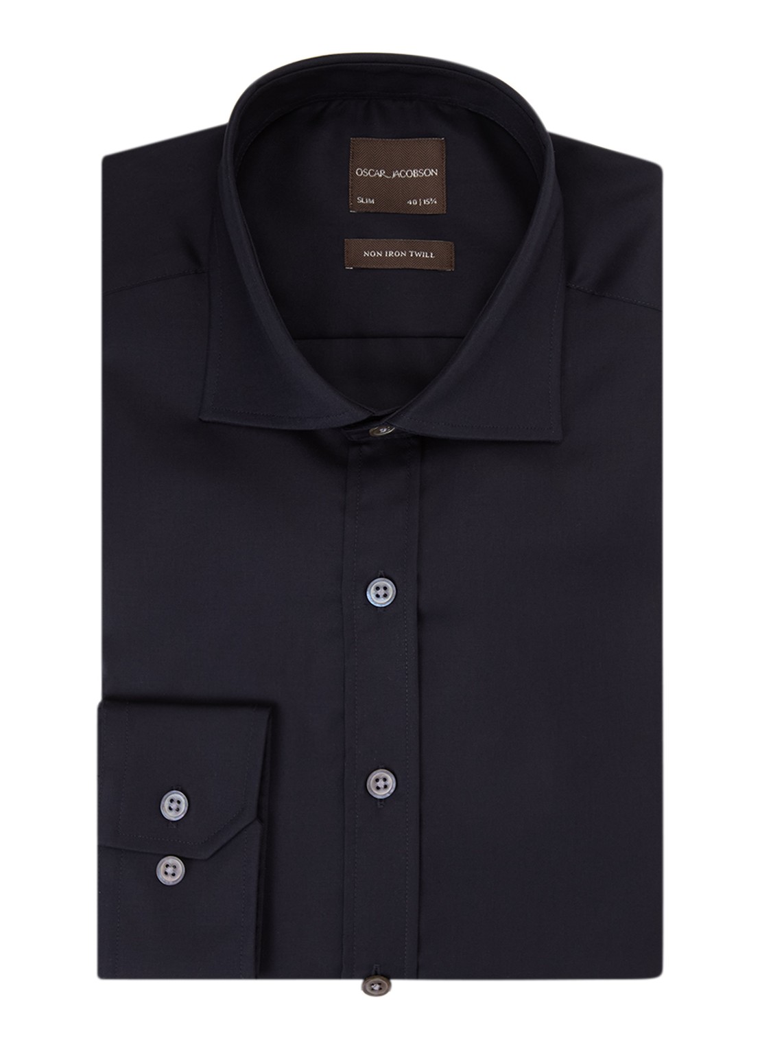 Oscar Jacobson Slim fit strijkvrij overhemd met cut away kraag - voorkant donkerblauw