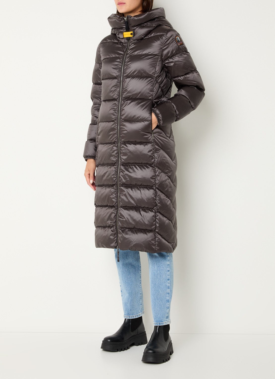 Parajumpers Leah longline puffer jas met donsvulling en capuchon - detail bruin
