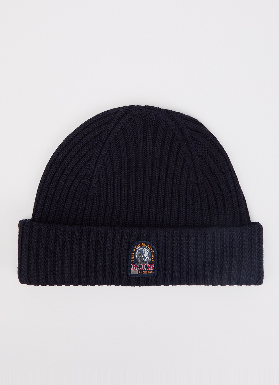 Parajumpers Matio ribgebreide muts in merino wolblend met logo - voorkant donkerblauw