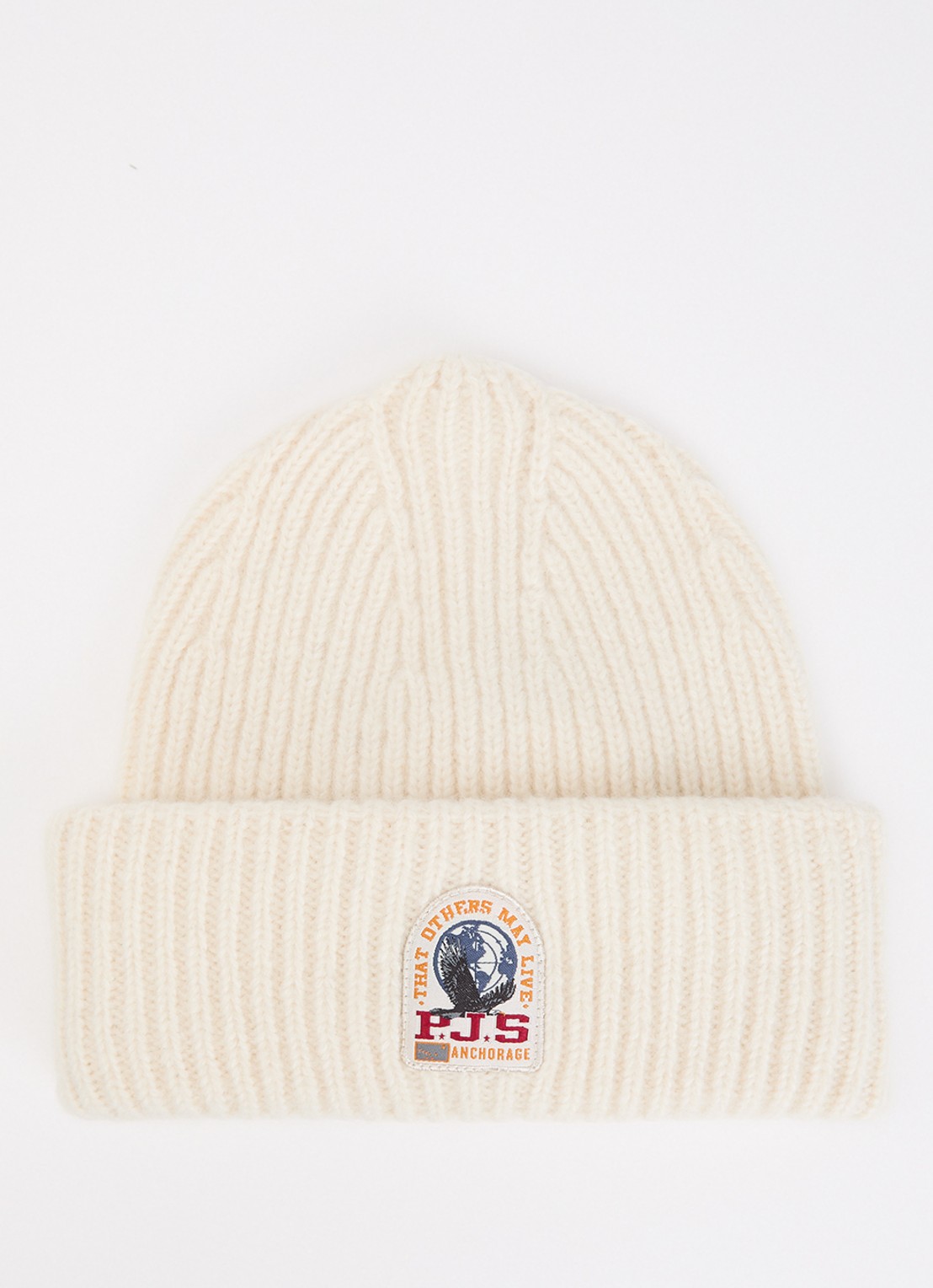 Parajumpers Mooneye ribgebreide muts in wolblend met logo - voorkant creme