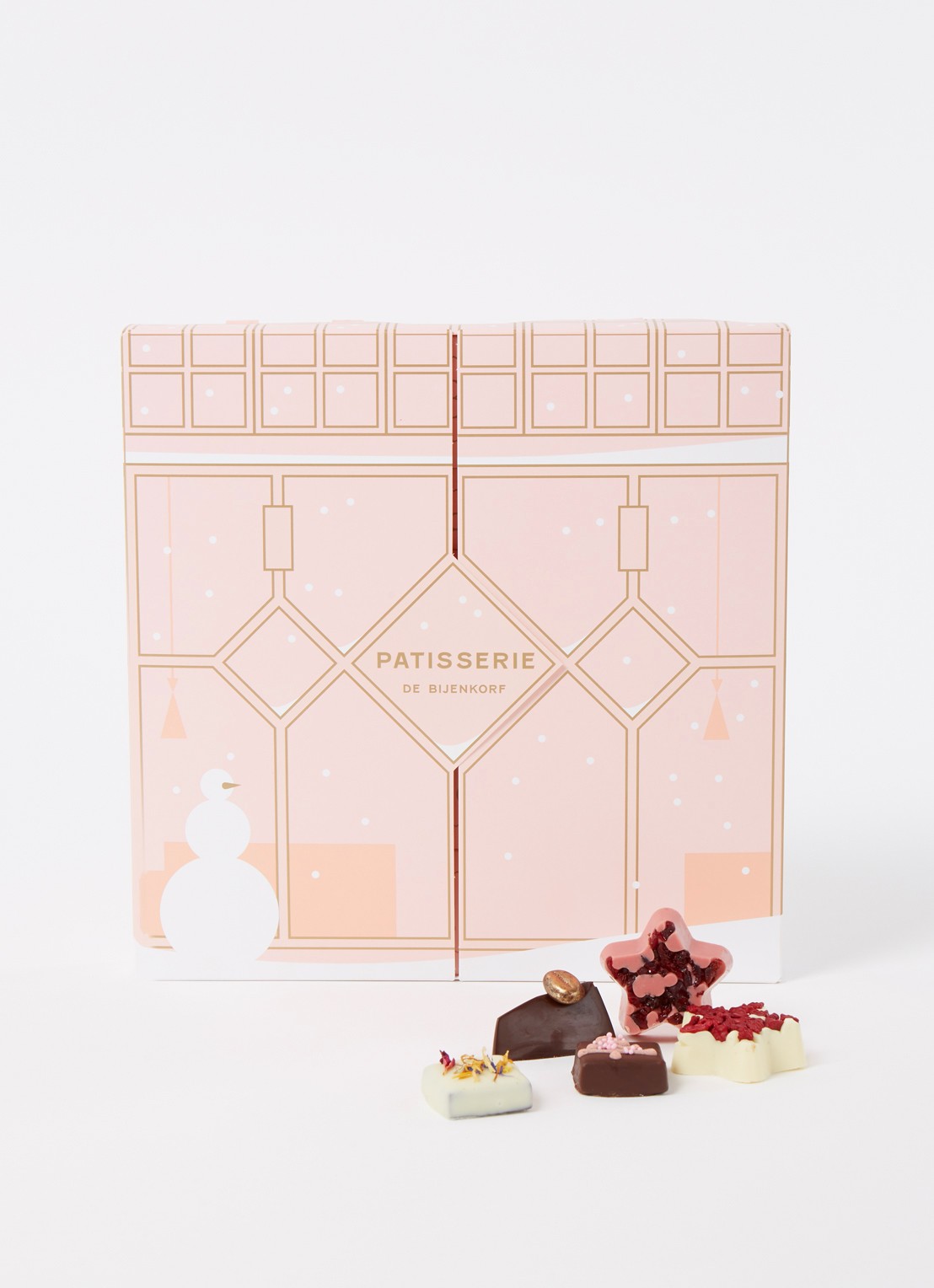 Patisserie de Bijenkorf Adventskalender met chocolade bonbons - 25 dagen - voorkant 2 lichtroze