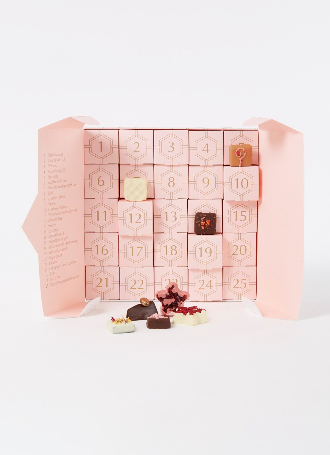 Patisserie de Bijenkorf Adventskalender met chocolade bonbons - 25 dagen - voorkant 3 lichtroze