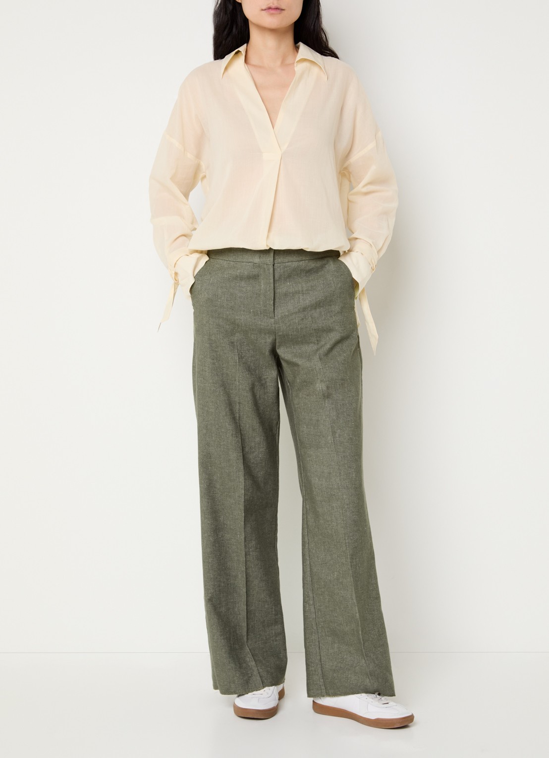 Pennyblack Amaca high waist loose fit broek in linnenblend - voorkant 2 bronsgroen