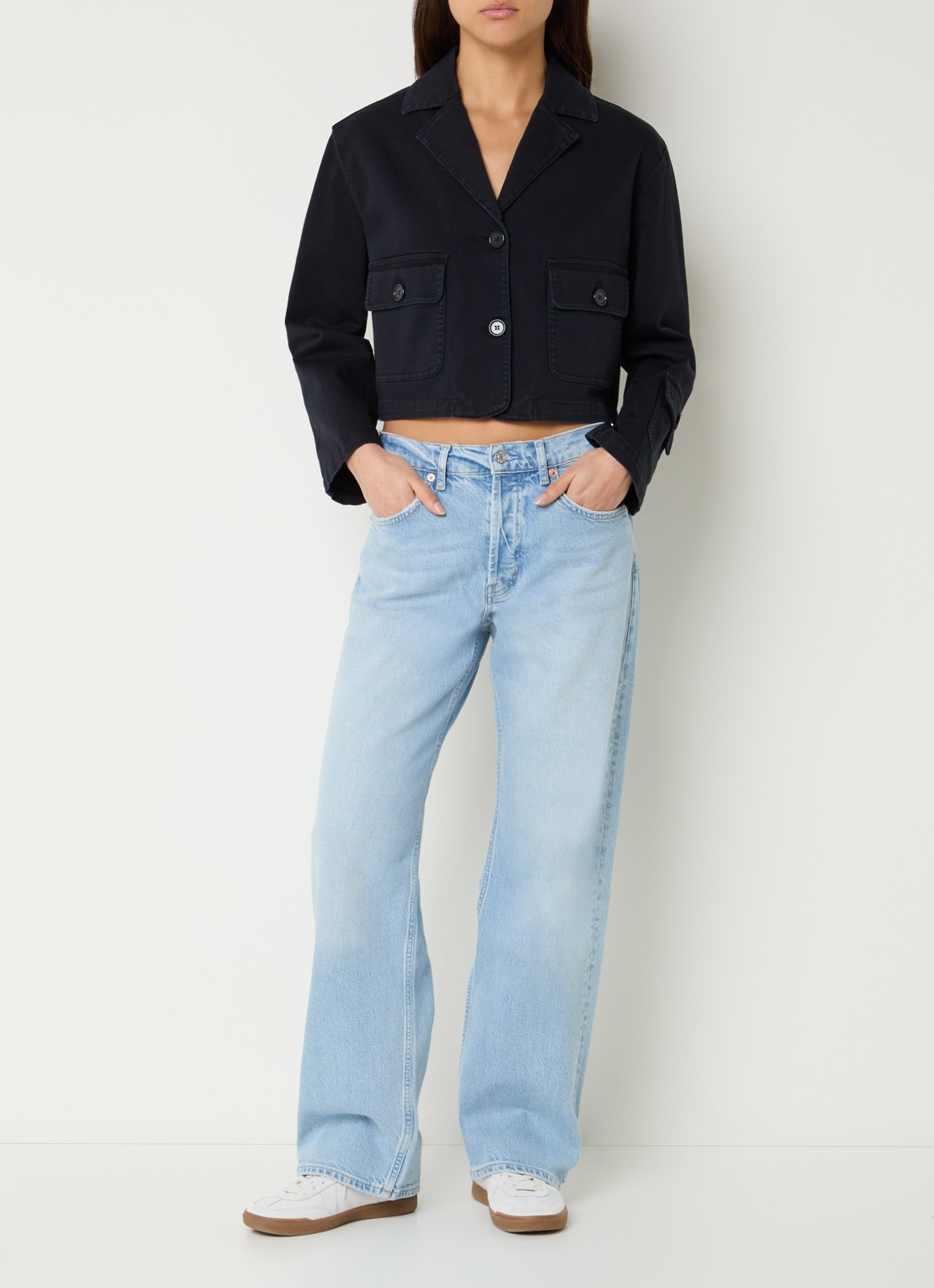 Pennyblack Cropped spijkerjas met klepzakken - voorkant 3 donkerblauw