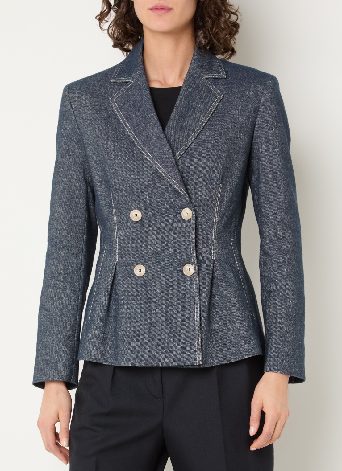 Pennyblack Double-breasted blazer van denim met schoudervulling - detail indigo