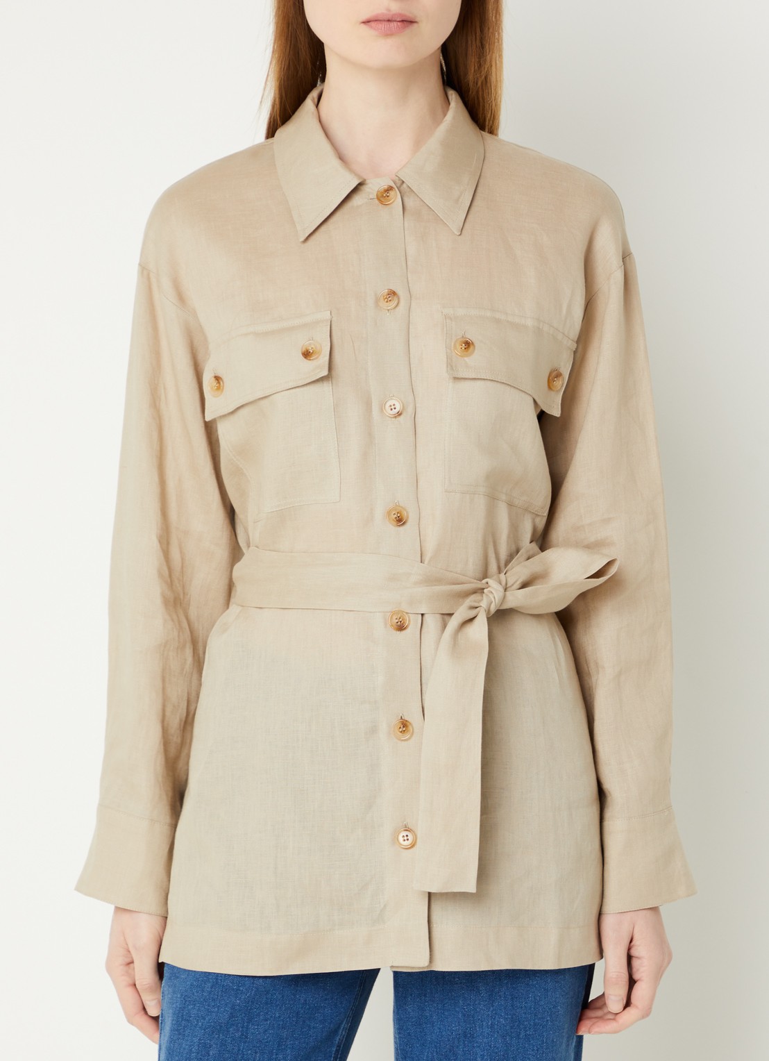 Pennyblack Fico blouse van linnen met borstzakken en strikceintuur - detail 2 beige