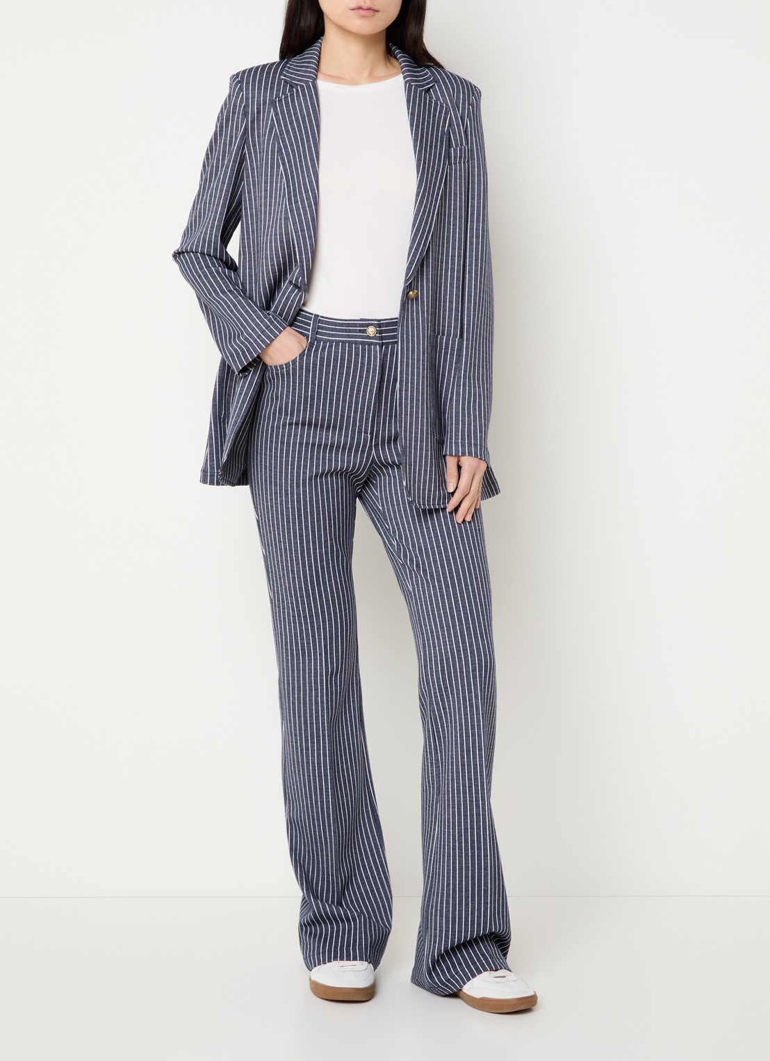 Pennyblack Godezia high waist flared fit broek van jersey met streepprint - voorkant 4 donkerblauw