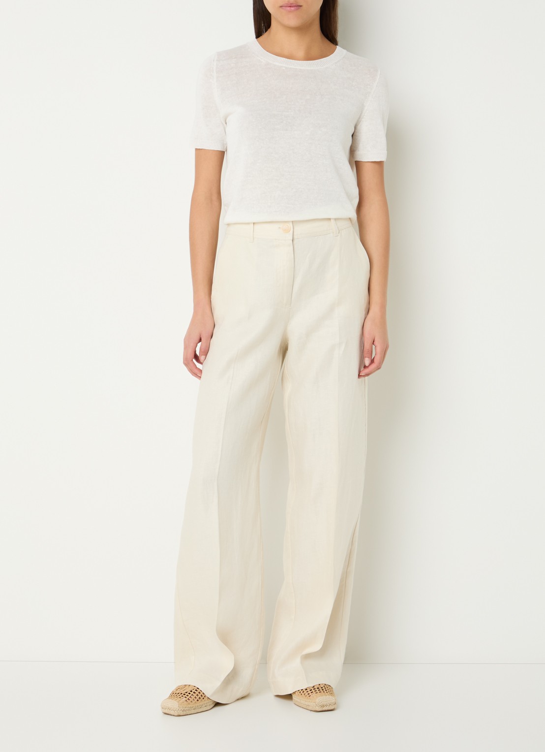Pennyblack High waist loose fit pantalon van linnen met steekzakken  - voorkant 3 gebroken wit