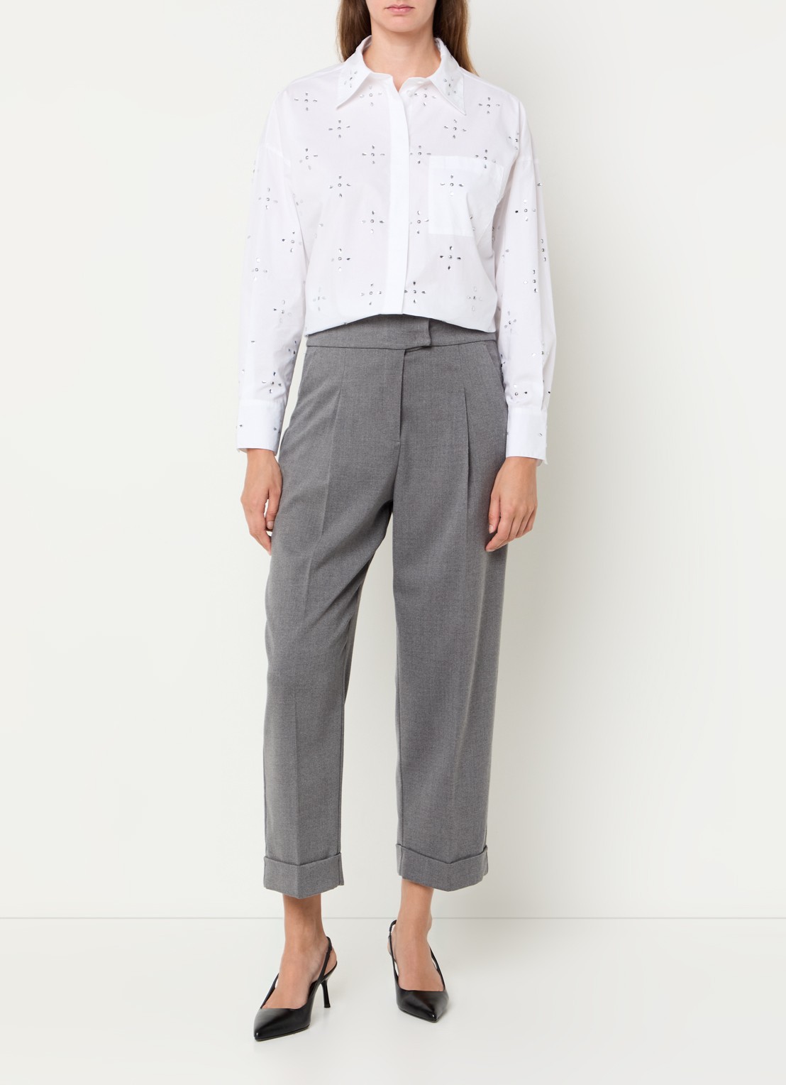 Pennyblack High waist straight fit cropped pantalon met steekzakken - voorkant 2 middengrijs