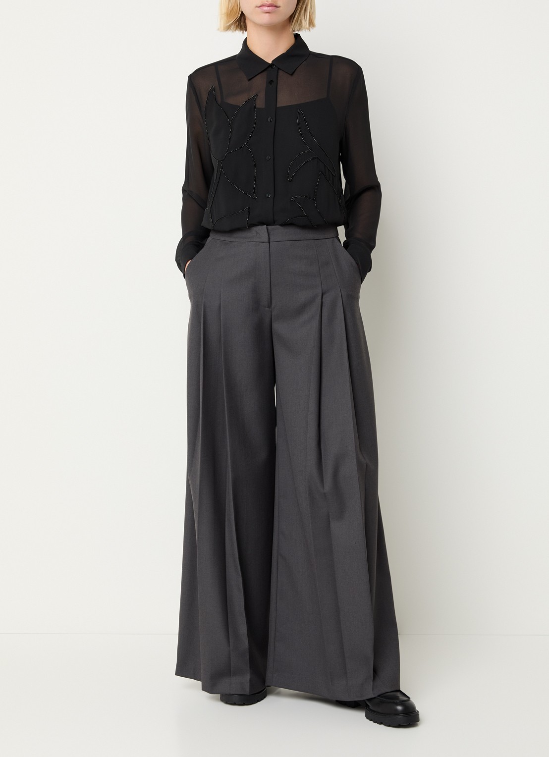 Pennyblack Ittita high waist wide fit pantalon met plooidetail - voorkant 3 donkergrijs