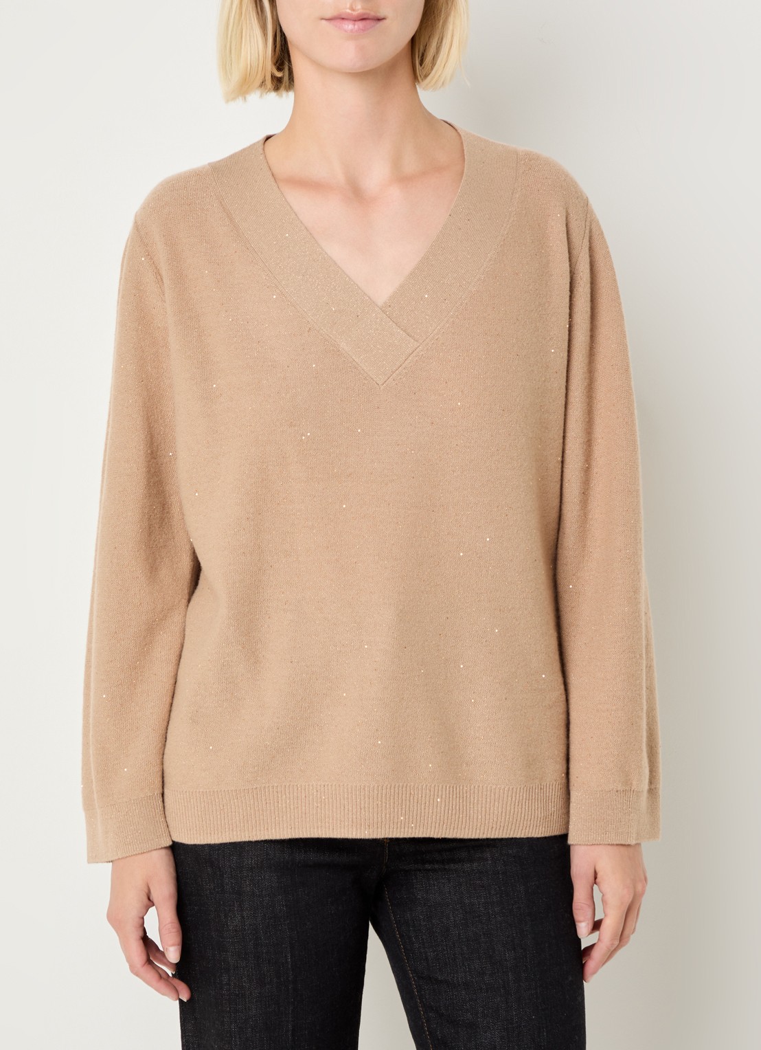 Pennyblack Macchia fijngebreide pullover in wolblend met pailletten  - detail camel