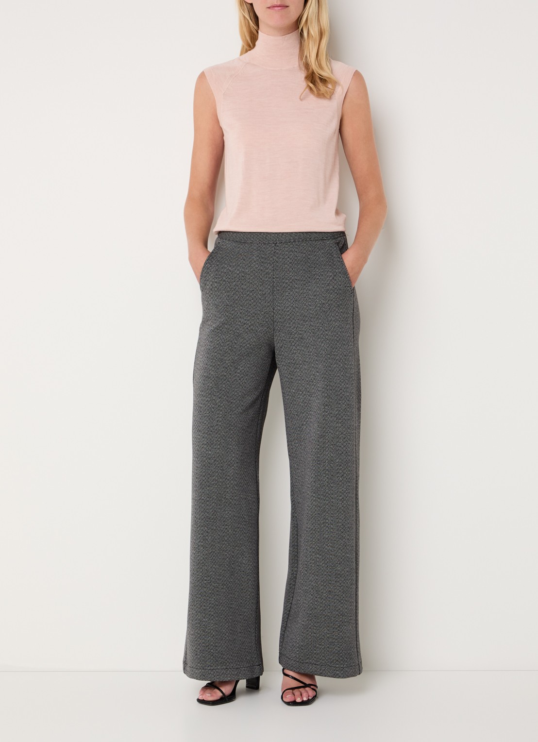 Pennyblack Ristoro high waist wide fit pantalon met visgraatdessin - voorkant 4 zwart