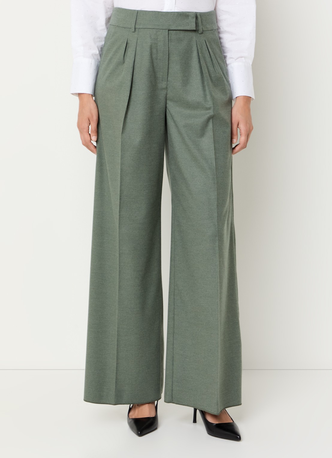 Pennyblack Scala high waist wide fit pantalon in wolblend - detail 4 olijfgroen