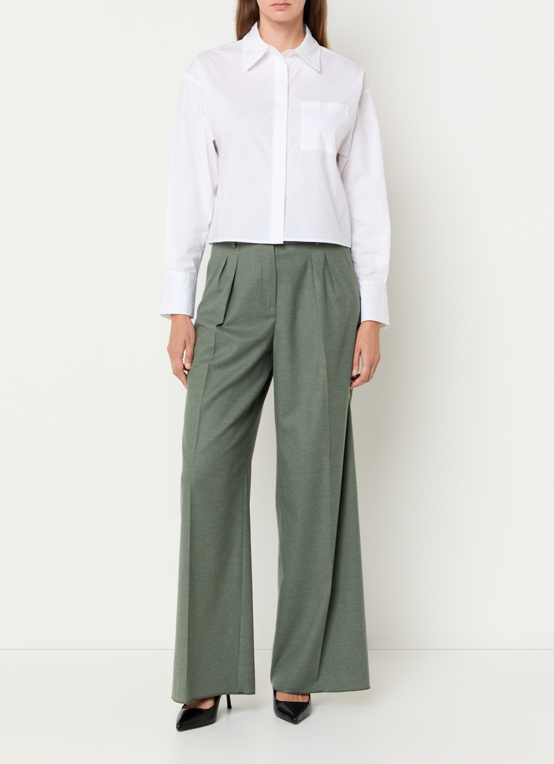Pennyblack Scala high waist wide fit pantalon in wolblend - voorkant 3 olijfgroen