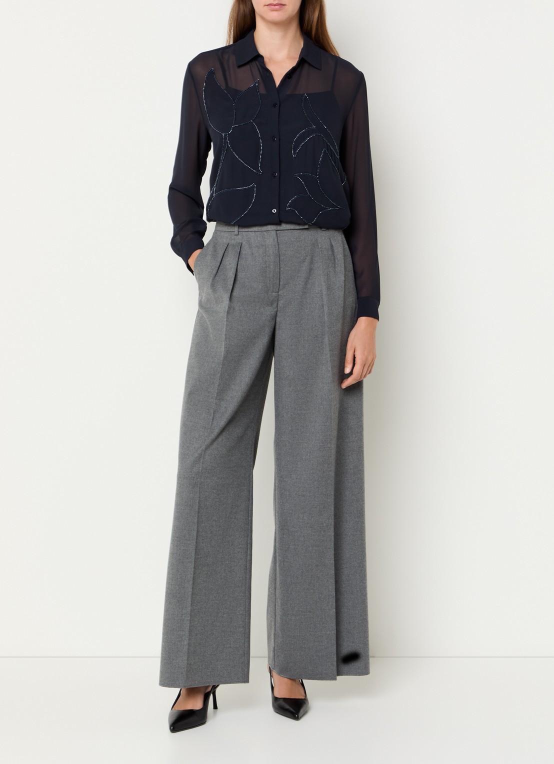 Pennyblack Scala high waist wide fit pantalon in wolblend - voorkant 2 middengrijs