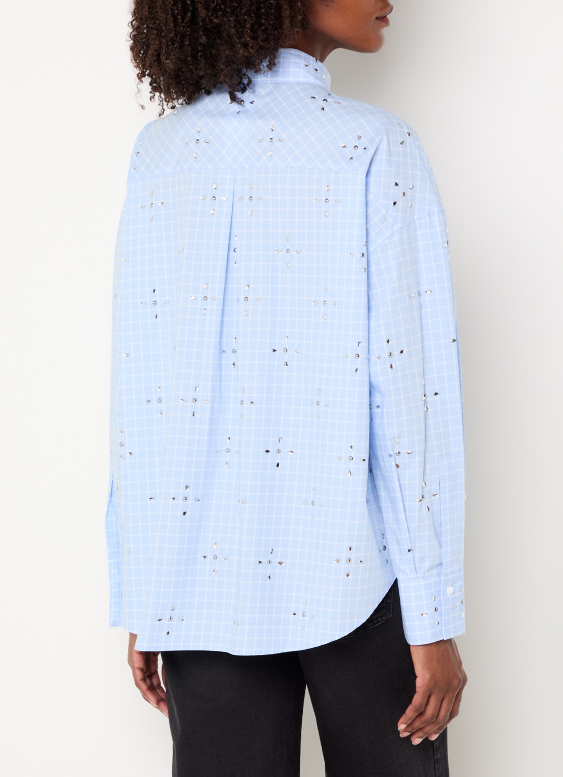 Pennyblack Secolo blouse met ruitdessin en strass  - achterkant lichtblauw