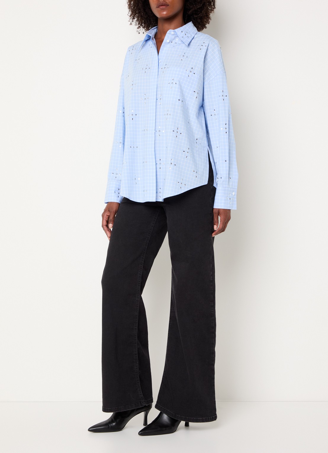 Pennyblack Secolo blouse met ruitdessin en strass  - voorkant 4 lichtblauw
