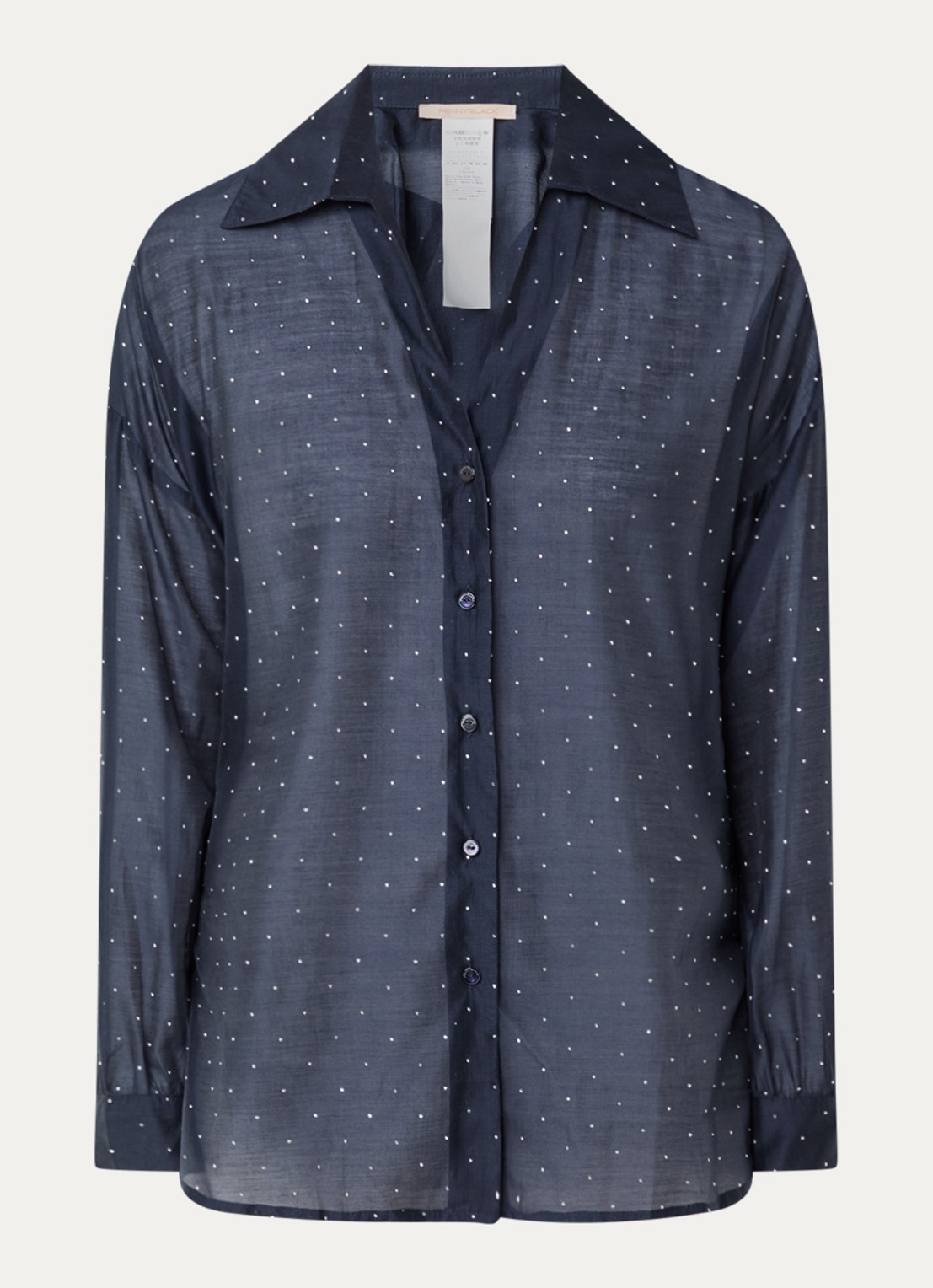 Pennyblack Semi-transparante blouse met strass - voorkant donkerblauw
