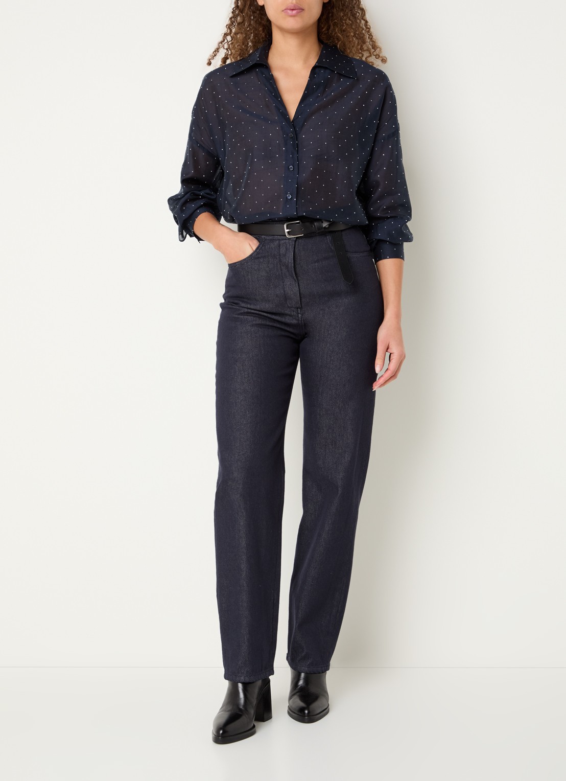 Pennyblack Semi-transparante blouse met strass - voorkant 2 donkerblauw