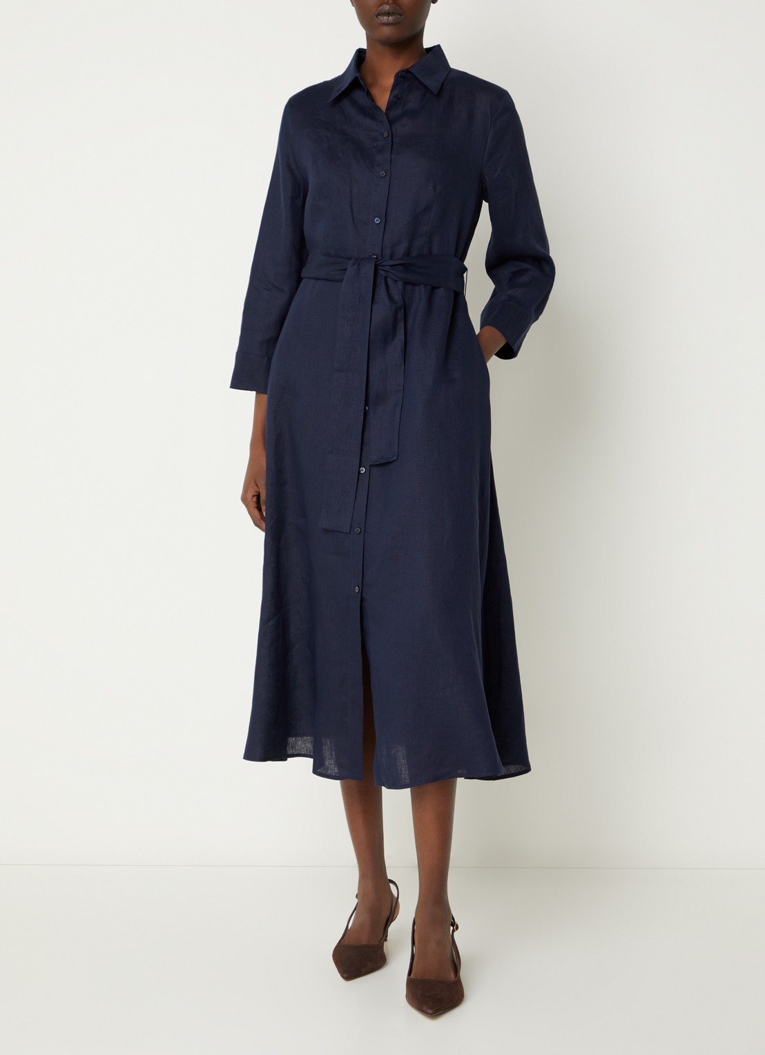 Pennyblack Tuono blousejurk van linnen met strikceintuur - detail donkerblauw