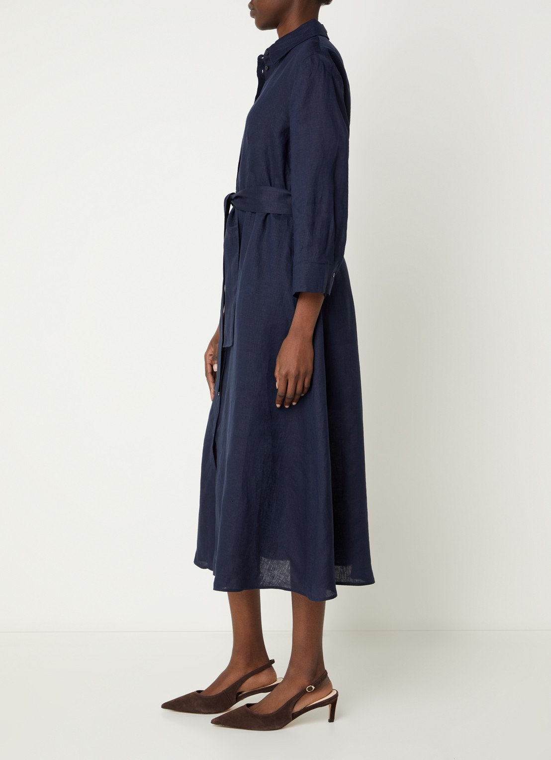 Pennyblack Tuono blousejurk van linnen met strikceintuur - voorkant 3 donkerblauw