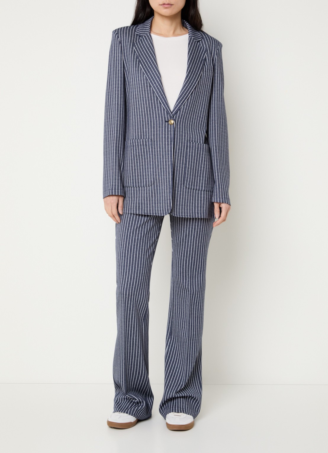 Pennyblack West blazer met opgestikte zakken en schoudervulling met streepprint - voorkant 3 donkerblauw