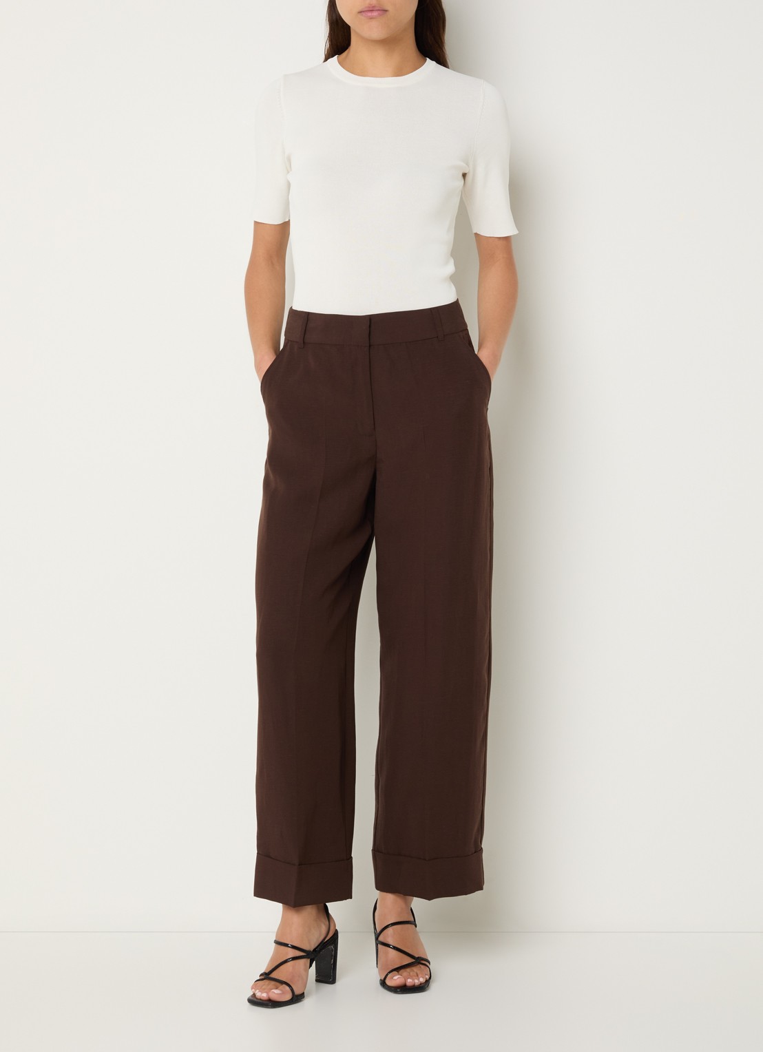 Pennyblack Zimino high waist wide fit pantalon in linnenblend - voorkant 3 donkerbruin