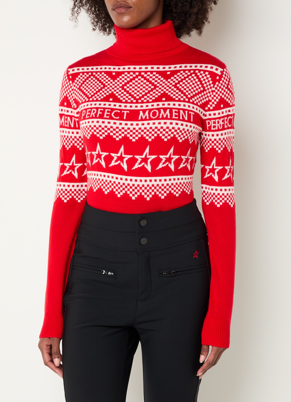 Perfect Moment Holiday grofgebreide trui van merino wol met ingebreid patroon  - detail 4 rood