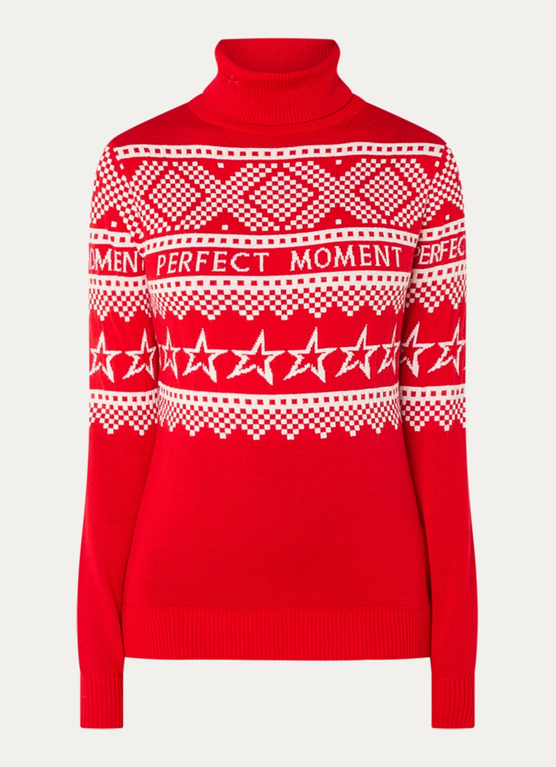 Perfect Moment Holiday grofgebreide trui van merino wol met ingebreid patroon  - voorkant rood