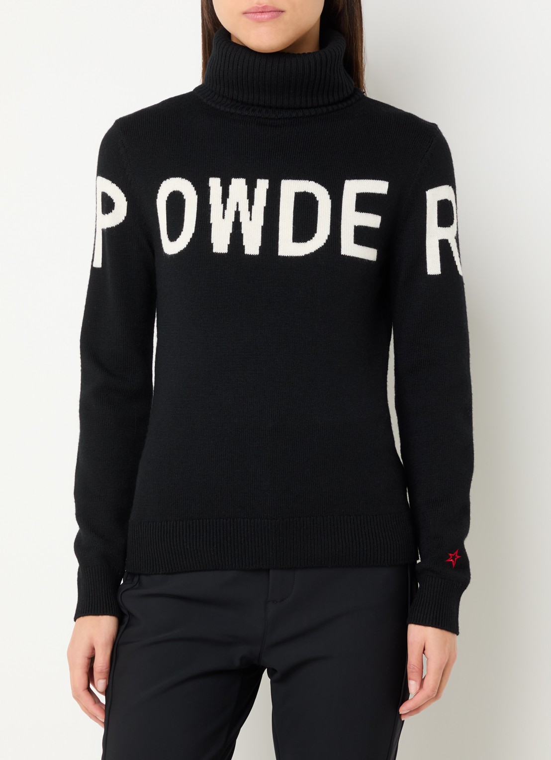 Perfect Moment Powder grofgebreide trui van merino wol met ingebreid logo en col  - detail 3 zwart