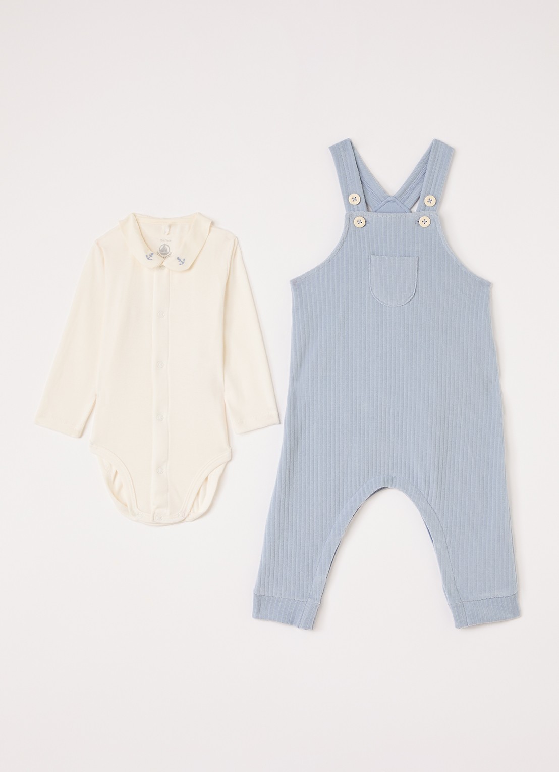 Petit Bateau Set van romper met tuinbroek 2-delig - voorkant blauw