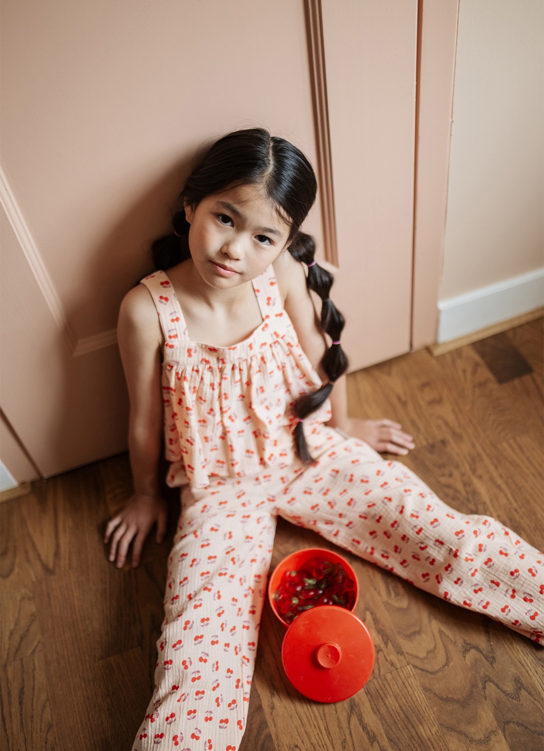 Petit Blush Wide fit pantalon met print - detail kersenrood
