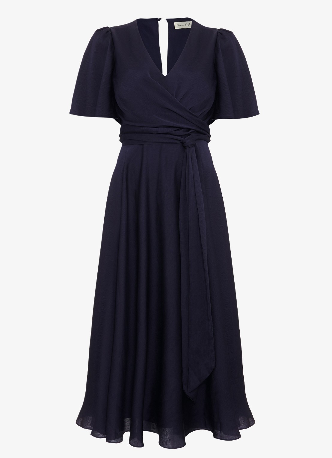 Phase Eight Abbie midi jurk met strikceintuur pofmouwen - voorkant donkerblauw