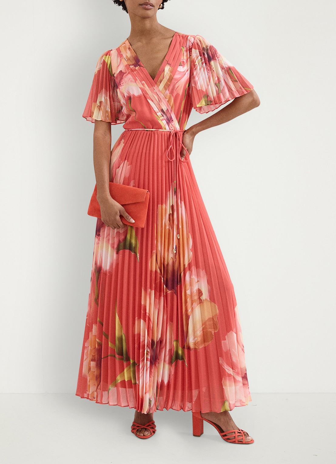 Phase Eight Abigail maxi jurk met bloemenprint - voorkant 3 koraal