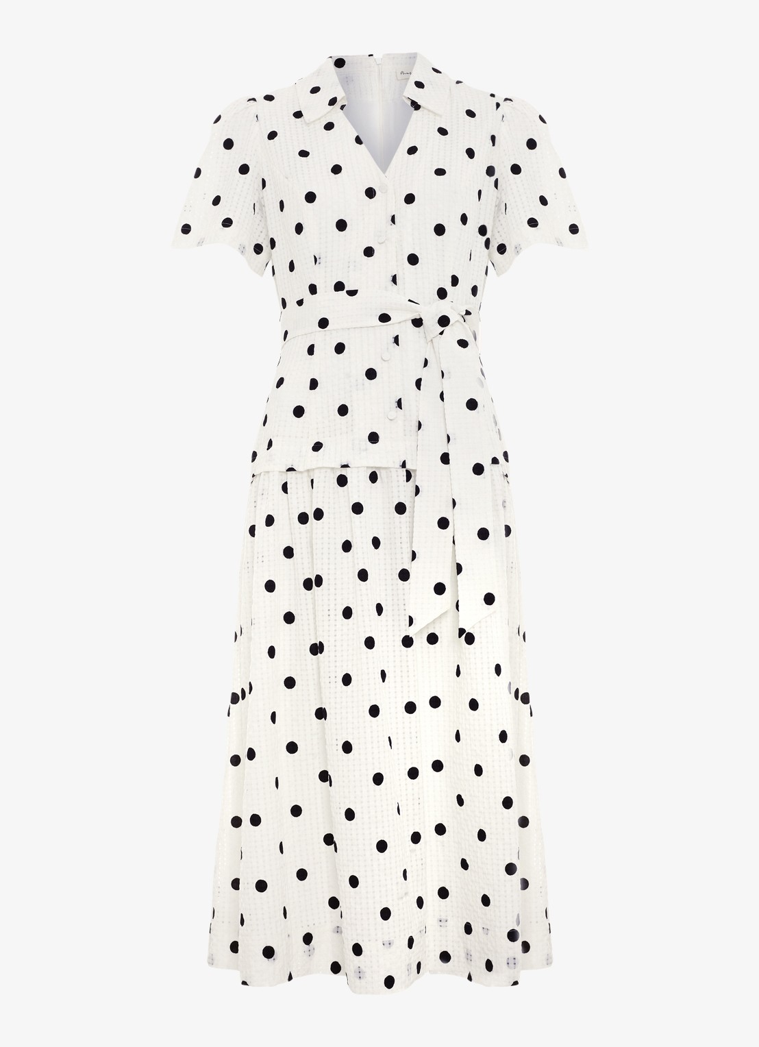 Phase Eight Adele midi jurk met stippenprint en strikceintuur - voorkant 5 gebroken wit