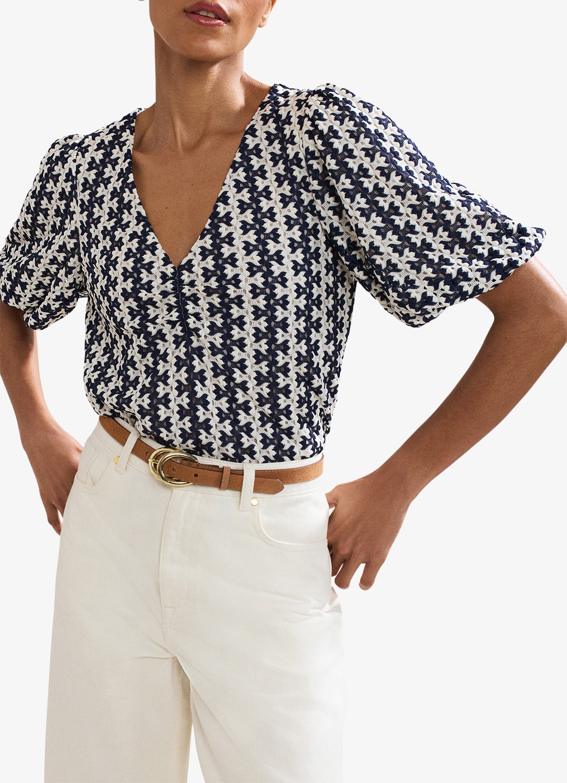 Phase Eight Alba fijngebreide top met ballonmouw - detail 2 donkerblauw