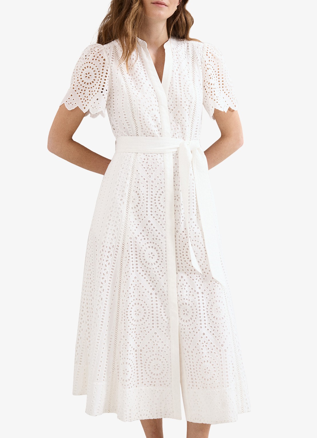Phase Eight Aletta midi blousejurk met broderie en strikceintuur  - detail 4 wit