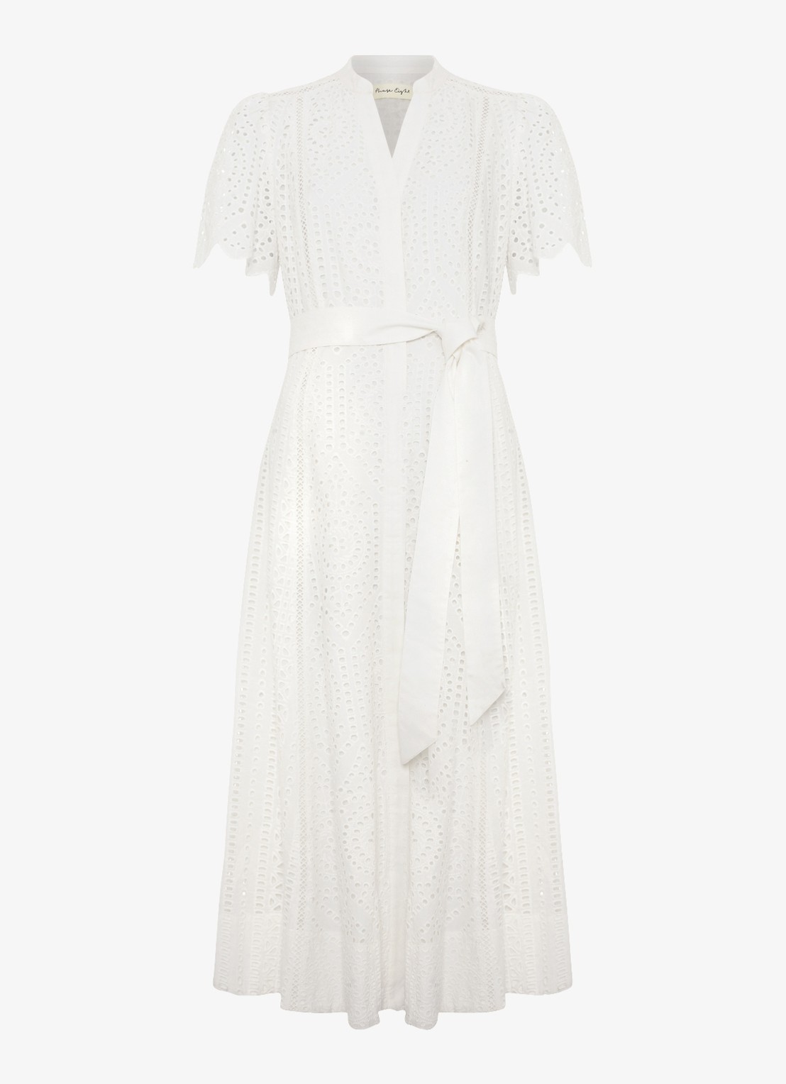 Phase Eight Aletta midi blousejurk met broderie en strikceintuur  - voorkant 2 wit