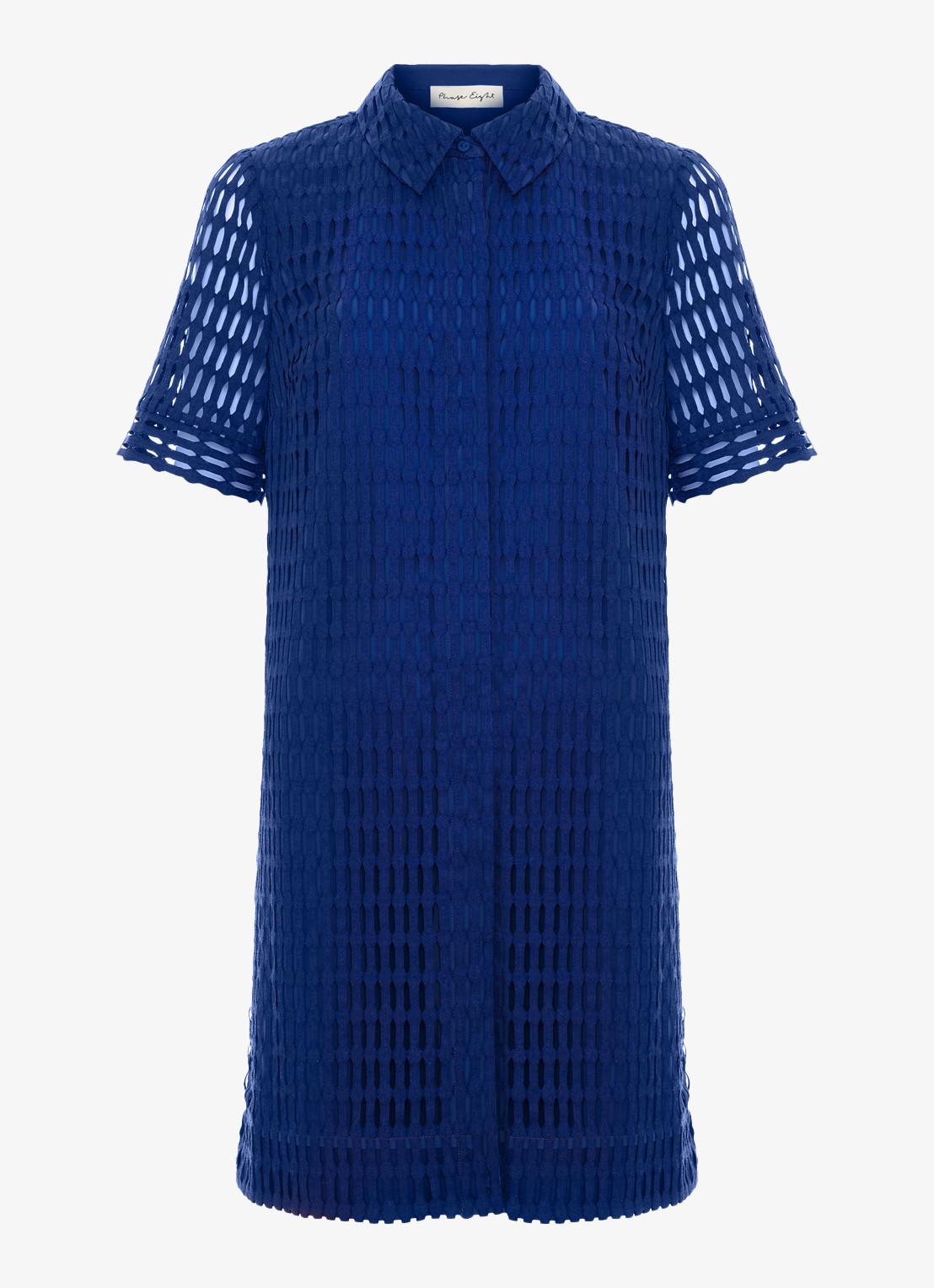 Phase Eight Alina mini jurk met opengewerkt dessin - voorkant blauw