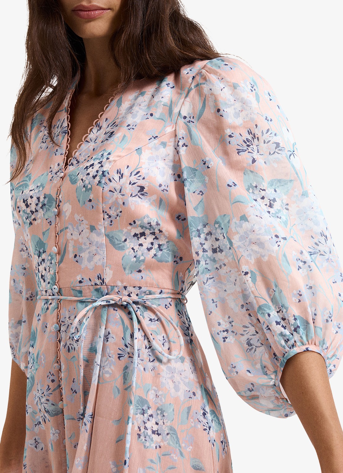 Phase Eight Alison midi jurk in linnenblend met bloemenprint - detail 3 oudroze