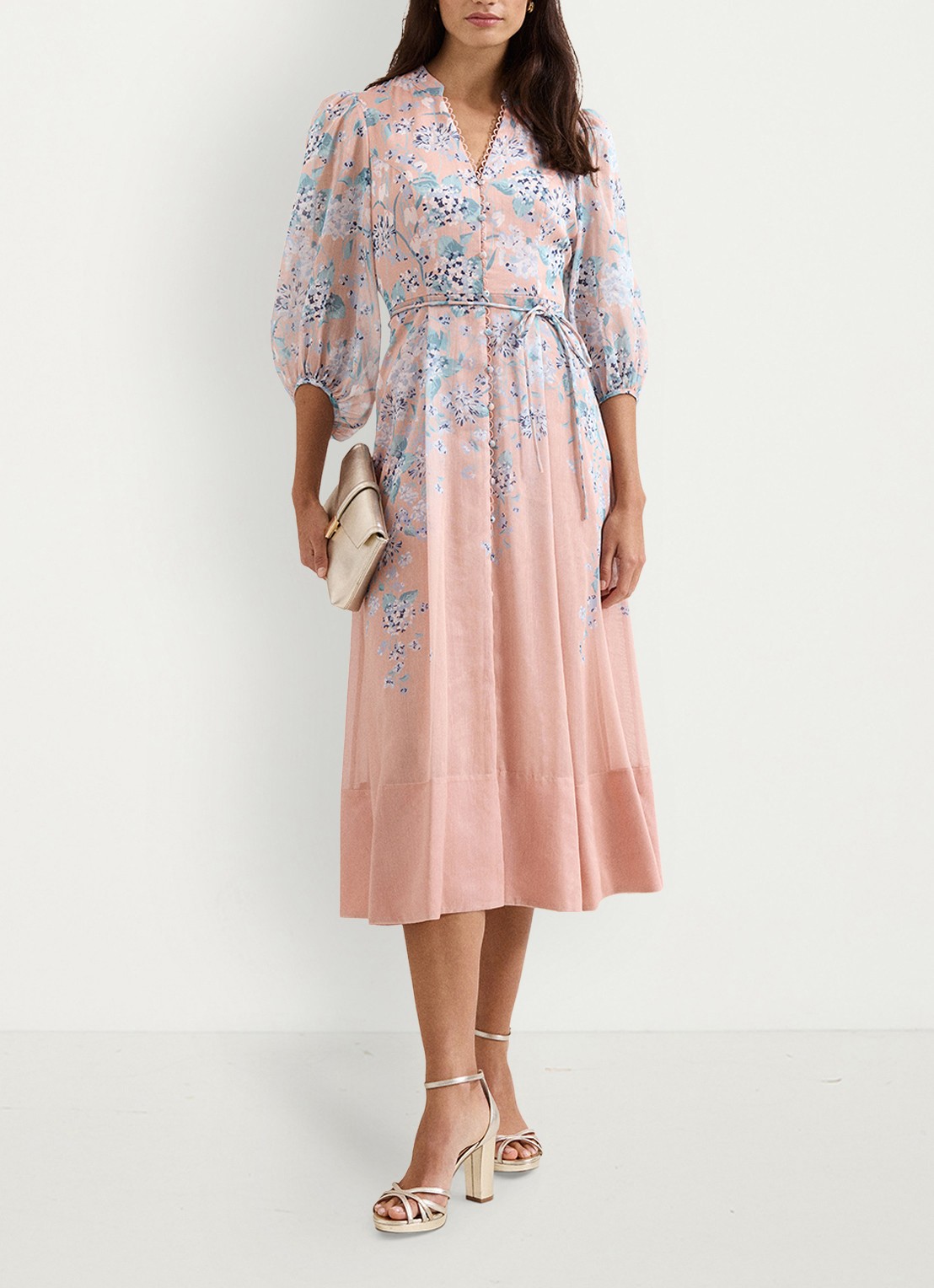 Phase Eight Alison midi jurk in linnenblend met bloemenprint - voorkant 7 oudroze